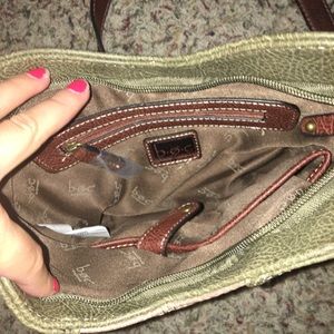 Tanish/brown/green Satchel and wristlet (wallet)